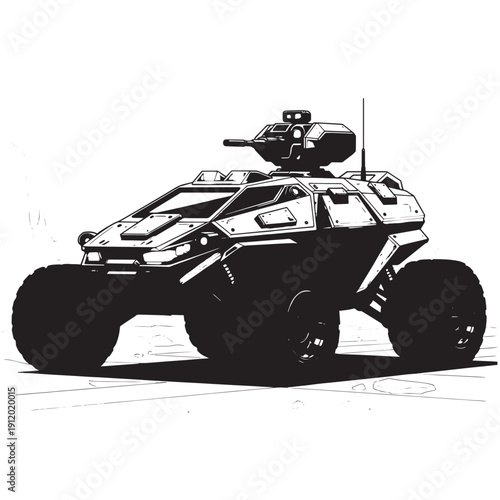All-terrain armored vehicle silhouette with mounted turret and rugged tires.