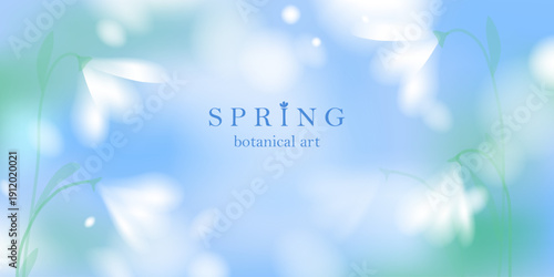 Spring landscape blurred background. White elegant soft flowers. Blue sky, green grass. Natural fresh mood.