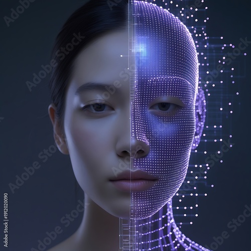 Futuristic portrait exploring AI identity and digital self transformation through glowing data grids, neural patterns and minimalist cyber aesthetics, blending humanity with advanced technology.