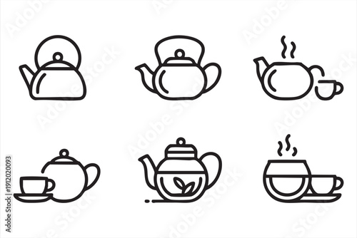 Tea outline icon collection with teapot and cup