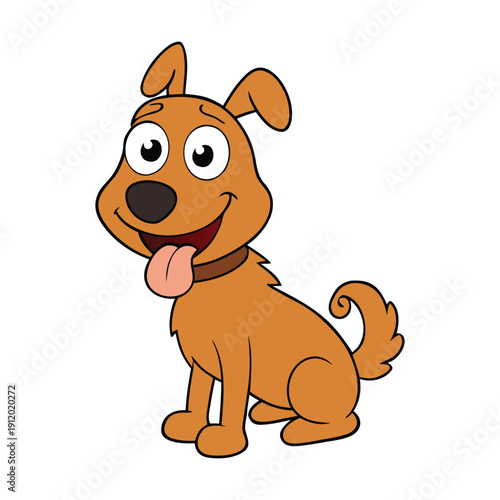 A cheerful cartoon dog squats with a wagging tail, smiling widely as it happily does its business, surrounded by playful, lighthearted vibes and silly fun.
