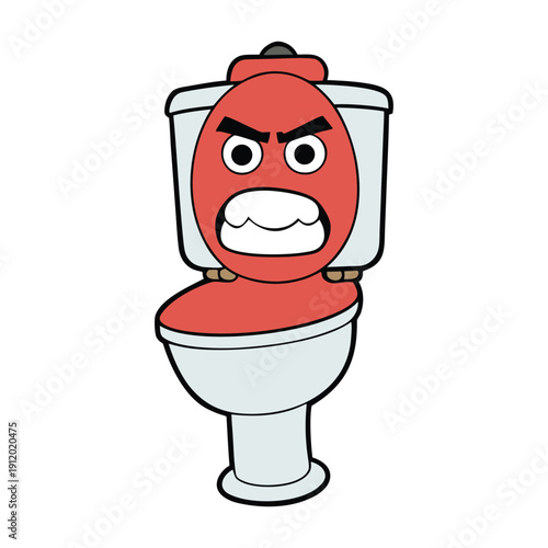 A toilet with furrowed “eyebrows,” steam rising angrily, glaring as if fed up, showing an amusing, grumpy personality ready to flush away anyone’s nonsense.
