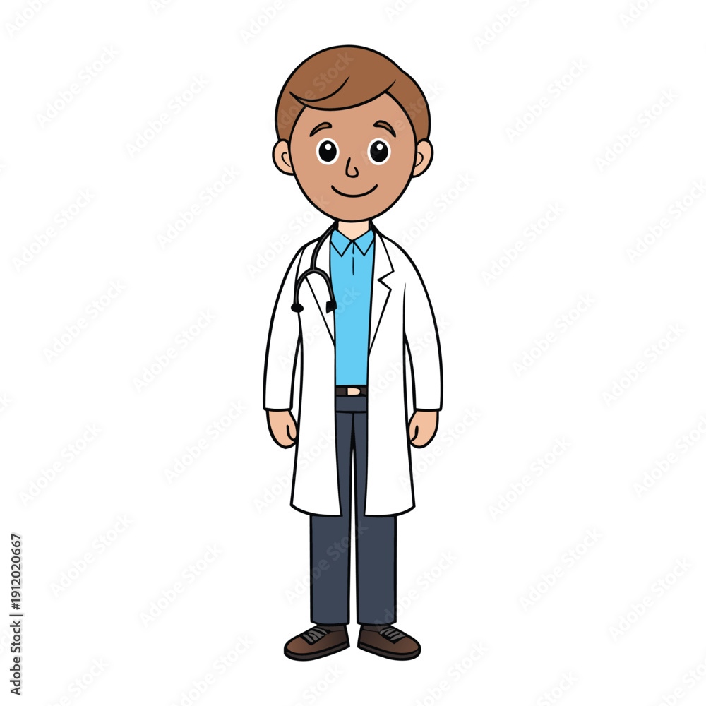 Fototapeta premium A young doctor stands confident and caring, stethoscope around the neck, ready to heal with knowledge, compassion, and a bright, hopeful smile.