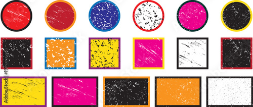 Rubber stamp set, Rount and rectangle green ecologic natural style on grunge retro stamp frame