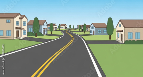 Suburban Street with Houses and Green Spaces.