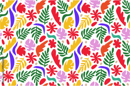 A high-quality vector pattern of abstract flora. Smooth, clean edges, bold flat colors, and a balanced composition. The style is Scandinavian-inspired, featuring blobby organic shapes and stylized fer