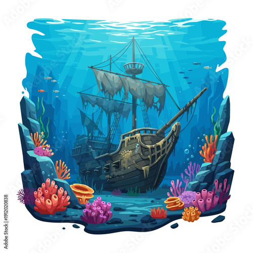 Sunken Pirate Shipwreck with Underwater Coral Reef