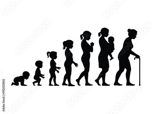 A black silhouette illustration of the human life cycle from infancy to old age.