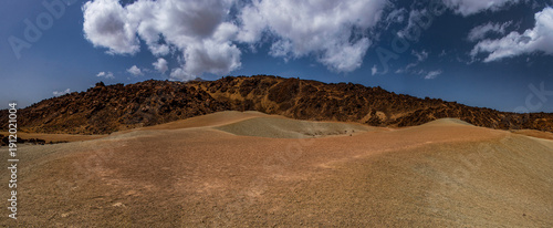 Panel kuchenny z motywem Tenerife, Canary Islands, Spain: red mountains, rock formations and rainbow sand dunes hiking in the Teide National Park with Mount Teide (Pico del Teide) on the background, spectacular landscape