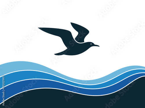 A minimalist illustration of a bird flying over wavy ocean waters with a white background