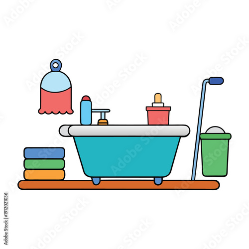 Bright cartoon bathroom with pastel tiles, bubbly bathtub, smiling mirror, fluffy towels, and tiny plants. A rubber duck floats while sunlight streams in a window cozy!!
