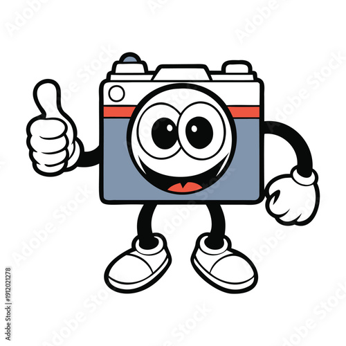 Friendly cartoon camera mascot with big shiny lens eyes and a cheerful smile, holding a tiny tripod. Perfect for photography brands, kids designs, and fun creative media themes tool
