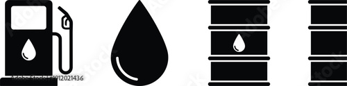 Black oil industry icon set with fuel pump droplet and barrel symbols flat vector isolated