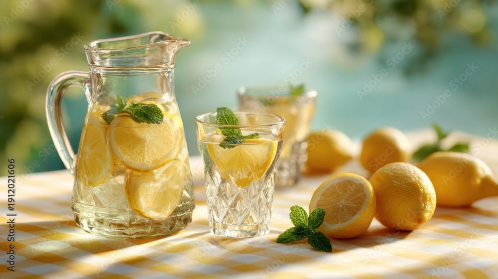 Fototapeta premium Lemonade jug and glasses on picnic table with sliced lemons and mint in soft light during summer gathering