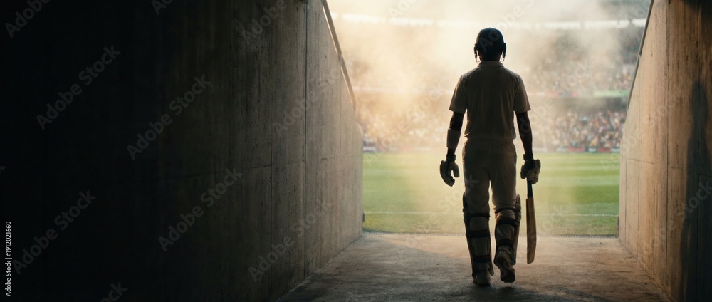 Fototapeta premium Cricket player walking from tunnel to stadium field silhouette. Concept of big match storytelling visuals, championship promotion, sports marketing campaigns and athlete branding content. Banner