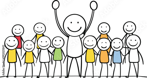 A joyful stick-figure crowd jumps, waves, and celebrates together, radiating energy and happiness in a lively, playful scene full of smiles and cheer.
