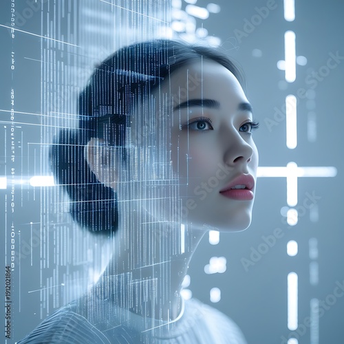 Futuristic portrait exploring AI identity and digital self transformation through glowing data grids, neural patterns and minimalist cyber aesthetics, blending humanity with advanced technology.