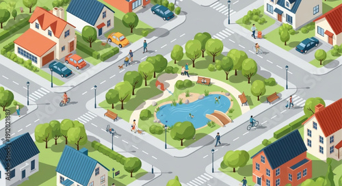 Suburban Neighborhood with Park and Pond.