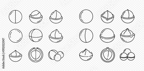 Macadamia nut line icon set, outline vector symbol collection, linear style pictogram pack isolated on white.