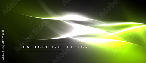 Abstract green light streaks over black background. Bright central glow creates dynamic visual effect. Text reads background design.