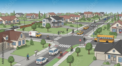 Suburban Neighborhood with School Bus.