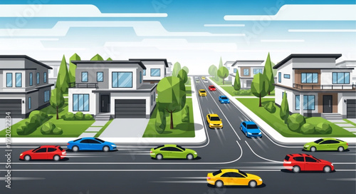 Suburban Street with Cars and Houses.