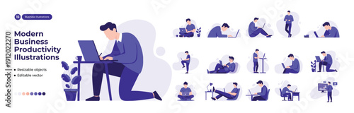 Minimalist Flat Style Business Productivity Illustration Set of People Working