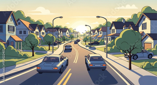 Suburban Street with Cars and Houses.