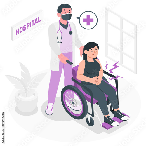 Doctor assisting disabled patient in wheelchair at hospital medical care illustration