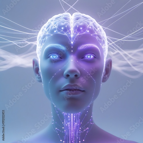 Futuristic portrait exploring AI identity and digital self transformation through glowing data grids, neural patterns and minimalist cyber aesthetics, blending humanity with advanced technology.