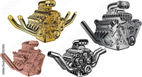 Vector illustration of a powerful hot rod engine with chrome exhaust pipes, presented in gold, silver, copper, and black and white versions, isolated on a transparent background.