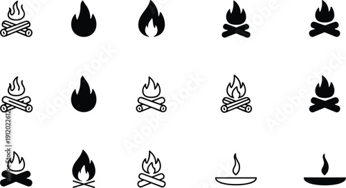 Campfire flame and bonfire icon set with fire symbols flat vector illustration isolated