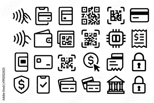 Fintech and Digital Banking Geometric Icon Set - Modern B&W Vector Elements