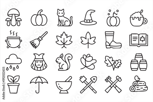 Fall Season Outline Icons with Pumpkin and Leaves