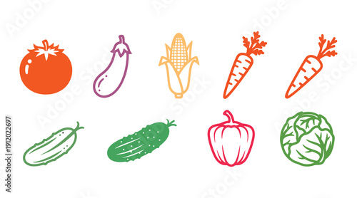Vegetable icons isolated on a clean white background. This includes tomato, eggplant, corn, carrot, cucumber, paprika, and cabbage symbols. Vector illustration.