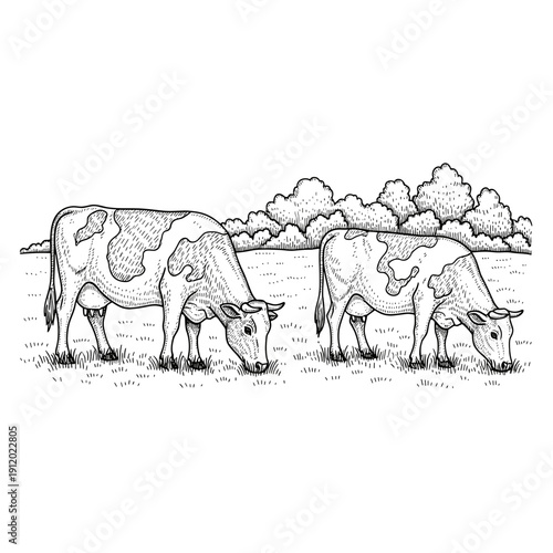Cows Grazing in Rural Farm Landscape Drawing