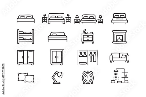 Minimal bedroom furniture outline icon collection for web and app design