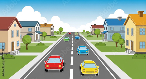 Suburban Street with Cars Driving.