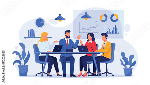 Diverse business professionals having a meeting around a table with laptops, discussing data and charts displayed on a background wall screen area.