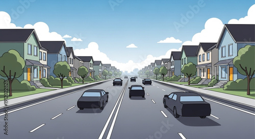 Suburban Street with Cars and Houses.