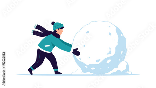 Determined person in winter gear pushing a massive snowball across a white snowy ground, symbolizing hard work, persistence, and winter season fun.