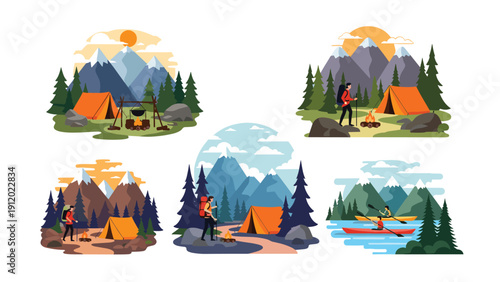 Set of camping and outdoor activity illustrations showing people hiking, canoeing, sitting by a campfire, and relaxing in tents near tall mountains.