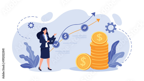 Professional businesswoman standing next to stacks of gold coins and an upward arrow chart, representing financial success and investment growth.