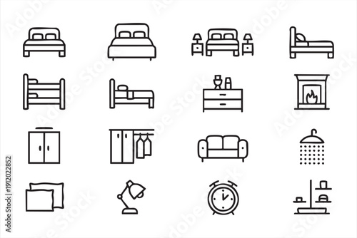 Bedroom amenities thin line icon pack for real estate listings