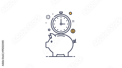 Stylized piggy bank icon features a clock and gold coins above it to represent the value of time and long term financial saving.