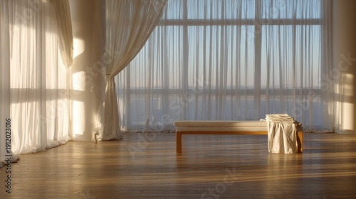 Serene sunlit interior with curtains and wooden bench in minimalist setting