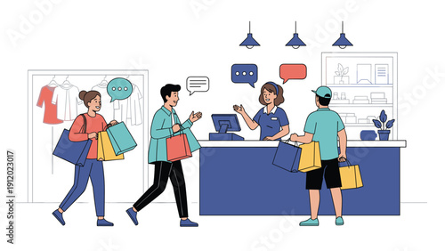 Cheerful customers interact with a friendly cashier at a retail clothing store counter while holding colorful shopping bags.