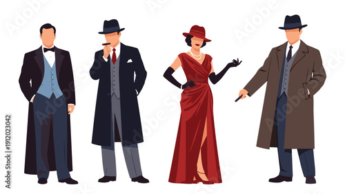 Fashionable men and a woman in 1920s style clothing, including suits, hats, and a long red dress, representing classic vintage elegance and style.