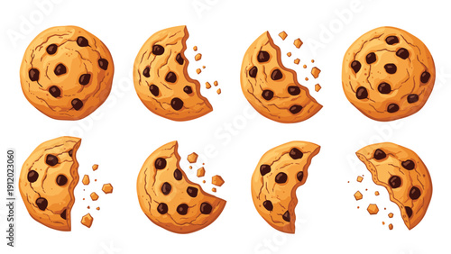 Set of tasty chocolate chip cookies with different bites taken out of them and crumbs scattered around, showing a snack variety in flat vector style.