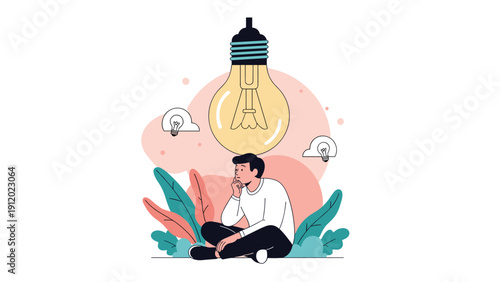 Young man sitting on the ground thinking deeply with a huge glowing lightbulb above his head, symbolizing inspiration and creative new thoughts.